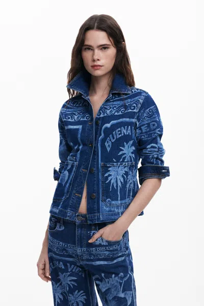 Desigual Palm Tree Denim Jacket In Blue