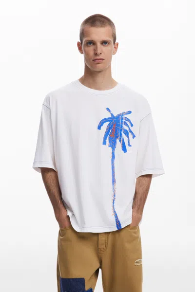 Desigual Palm Tree T-shirt With Topstitching In White
