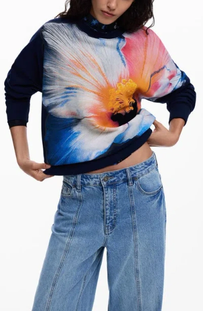 Desigual Pansy Cotton Graphic Sweatshirt In Blue