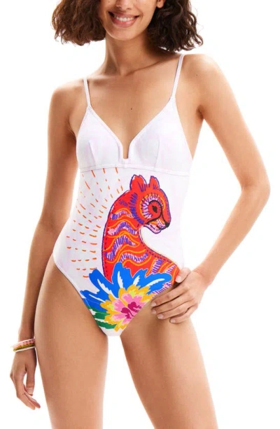 Desigual Panther One-piece Swimsuit In White