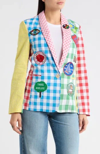 Desigual Patch Gingham Linen & Cotton Blazer In Multi