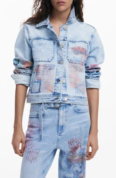 Desigual Patch Print Denim Trucker Jacket In Blue