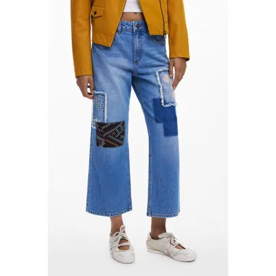 Desigual Patched Mid Rise Crop Wide Leg Jeans In Multi