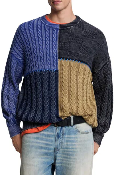 Desigual Patchwork Cotton Sweater In Navy Blue