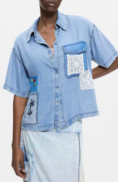 Desigual Patchwork Denim Shirt In Blue
