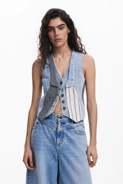 Desigual Patchwork Denim Vest In Blue