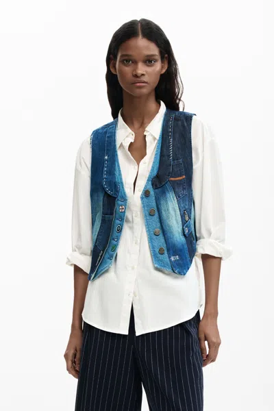 Desigual Patchwork Denim Vest In Blue