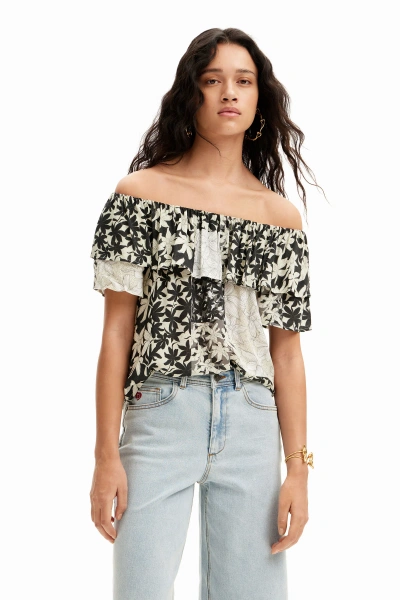 Desigual Patchwork Floral Ruffle Blouse In White