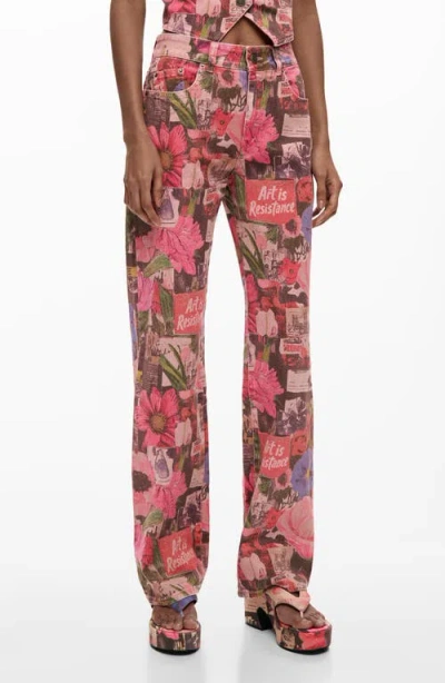 Desigual Patchwork Print Straight Leg Jeans In Pink