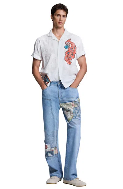 Desigual Patchwork Straight Leg Jeans In Light Blue