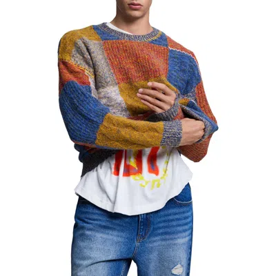 Desigual Patchwork Thick Gauge Sweater In Orange