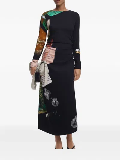 Desigual Patchwork-print Ruched Midi Dress In Black
