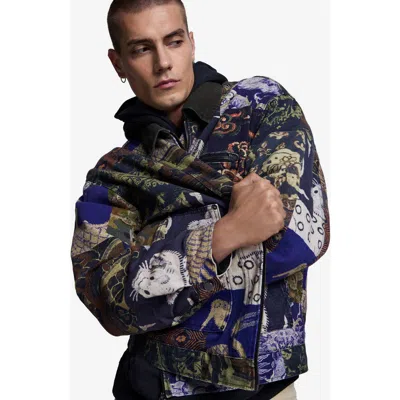 Desigual Patterned Denim Jacket In Military Green