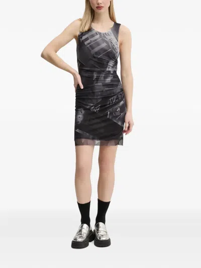 Desigual Patterned Ruched Mini Dress In Black