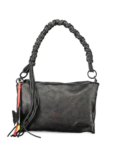 Desigual Perforated Braided-handle Shoulder Bag In Black