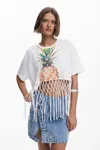 Desigual Braided Fringe Crop Graphic T-shirt In White