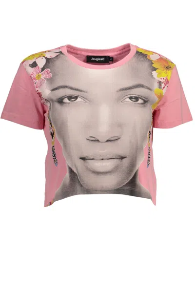 Desigual Graphic-print Cropped T-shirt In Pink