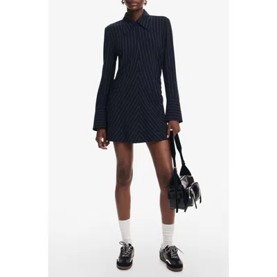 Desigual Pinstripe Gathered Dress In Blue