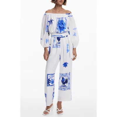 Desigual Placed Print Off The Shoulder Long Sleeve Jumpsuit In White
