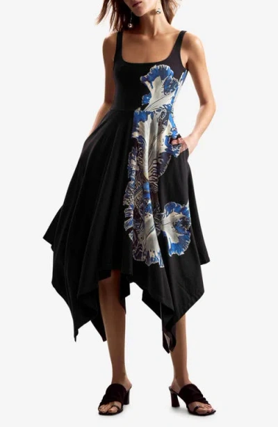 Desigual Placement Print Handkerchief Hem Stretch Cotton Dress In Black
