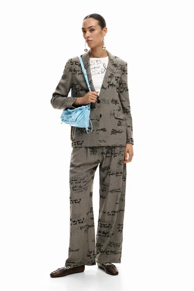 Desigual Plaid Lettering Trousers In Gray