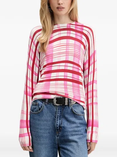 Desigual Plaid-patterned Long-sleeve Sweater In Pink