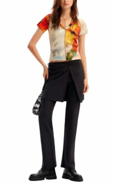 Desigual Plain Mid-rise Straight-leg Trousers With An Overlaid Pareo-style Wrap Skirt In Black