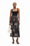 Desigual Pleated Combination Midi Dress In Black