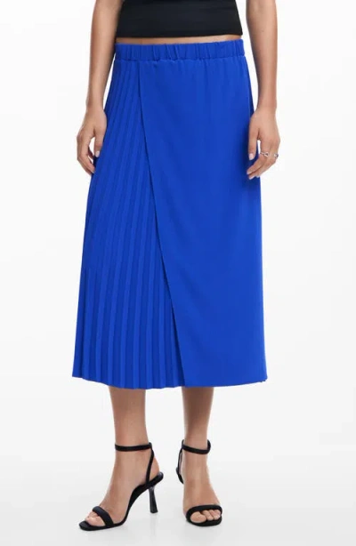 Desigual Pleated Faux Wrap Midi Skirt In Blue