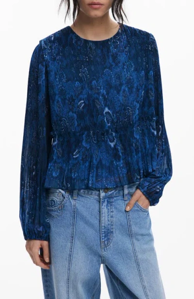 Desigual Pleated Floral Print Shirt In Blue