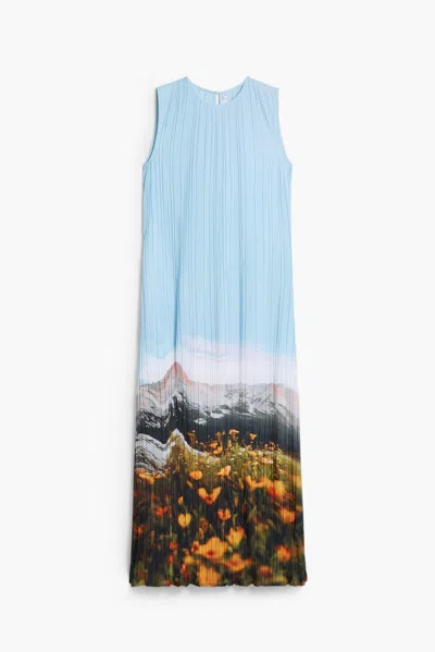 Desigual Pleated Landscape Dress In Blue