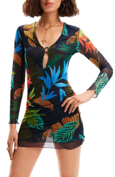 Desigual Plunge Long Sleeve Cover-up Mesh Minidress In Blue Multi