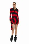 Desigual Stripe Side Drape Long Sleeve Minidress In Red