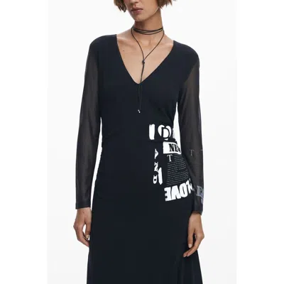 Desigual Sheer Sleeve Graphic Print Asymmetricdress In Black