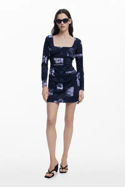 Desigual Postcard Square Neck Dress In Blue