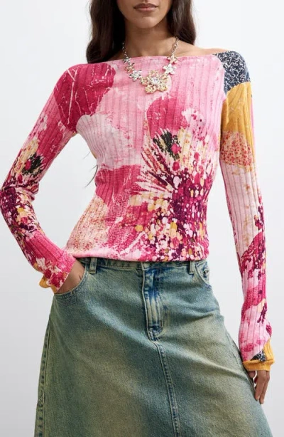Desigual Print Boat Neck Sweater In Pink