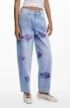 Desigual Print Boyfriend Barrel Leg Jeans In Blue