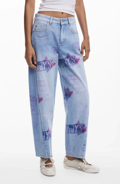 Desigual Print Boyfriend Barrel Leg Jeans In Blue