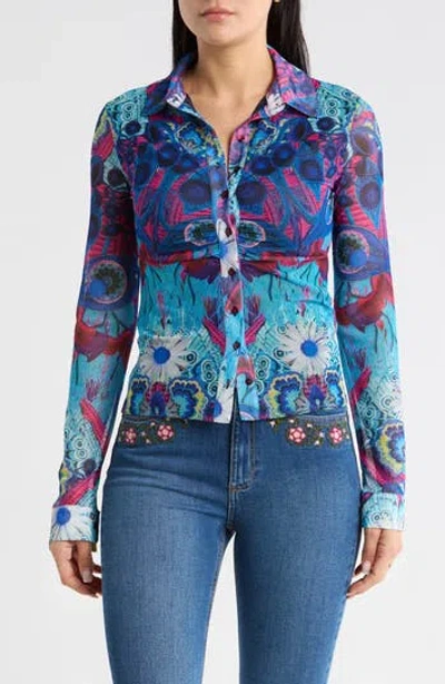 Desigual Print Button-up Shirt In Blue