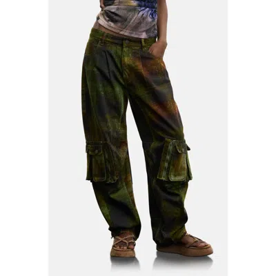 Desigual Print Cotton Cargo Pants In Green