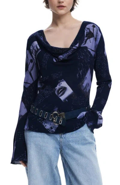 Desigual Print Cowl Neck Top In Dark Blue