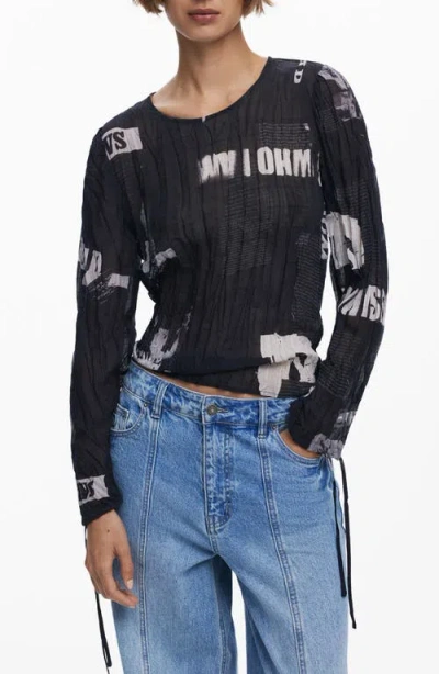 Desigual Print Crinkle Top In Black