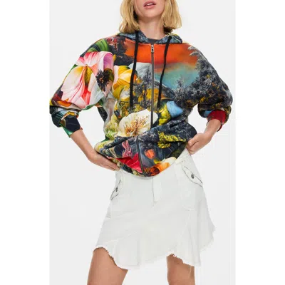 Desigual Floral-print Zip-up Hoodie In Green