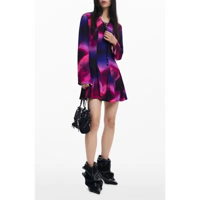 Desigual Print Lace Up Long Sleeve Minidress In Purple