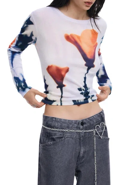 Desigual Print Long Sleeve Cotton T-shirt In White