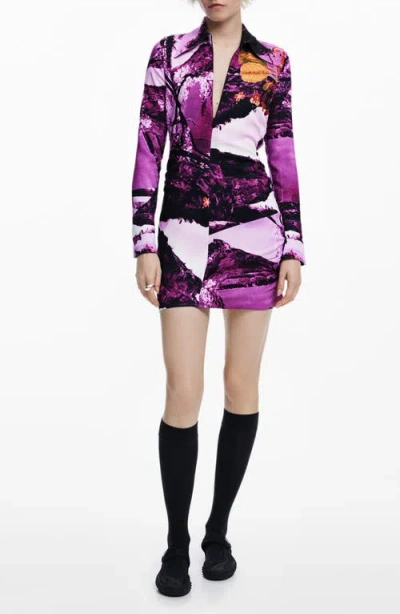 Desigual Print Long Sleeve Mini Shirtdress In Purple