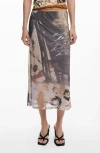 Desigual Print Midi Skirt In Gray