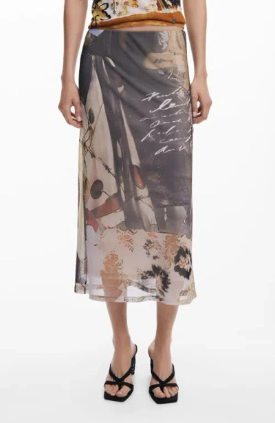 Desigual Print Midi Skirt In Gray