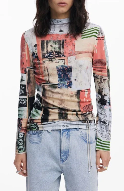 Desigual Patchwork-print Mock-neck Top In Pink