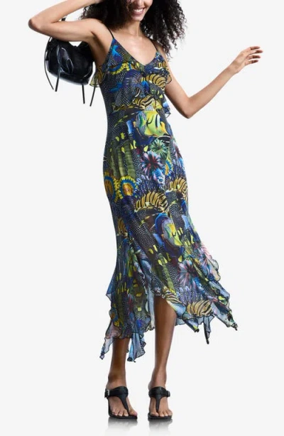Desigual Print Ruffle Sleeveless Midi Dress In Black